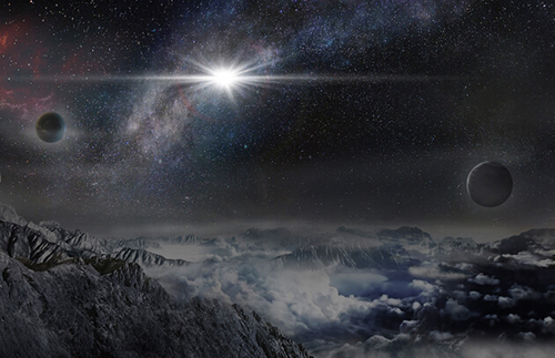 图1：史上最强超新星爆发ASASSN-15lh的想像图。该图示意了从超新星宿主星系中一颗距离ASASSN-15lh约1万光年的行星上观看ASASSN-15lh爆发的情景。（图片制作人：马劲 北京天文馆 ）